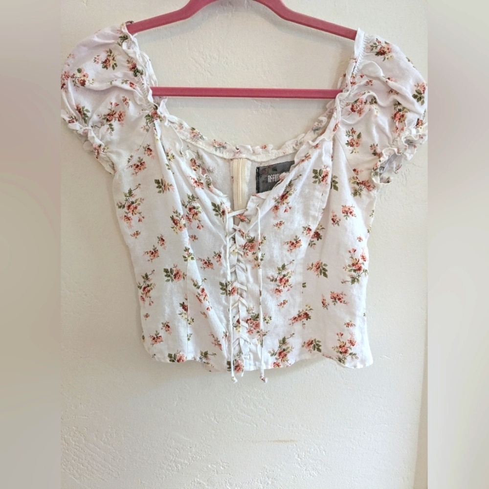Reformation Floral White Lace-Up Top